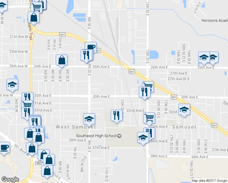 map of restaurants, bars, coffee shops, grocery stores, and more near 2908 11th Street Court East in Bradenton