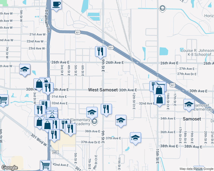 map of restaurants, bars, coffee shops, grocery stores, and more near 912 29th Avenue East in Bradenton