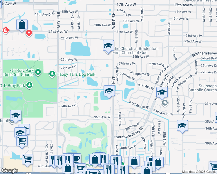 map of restaurants, bars, coffee shops, grocery stores, and more near 4414 Park Lake Terrace South in Bradenton
