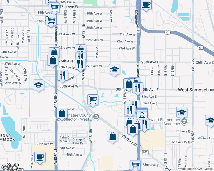 map of restaurants, bars, coffee shops, grocery stores, and more near 520 30th Avenue West in Bradenton