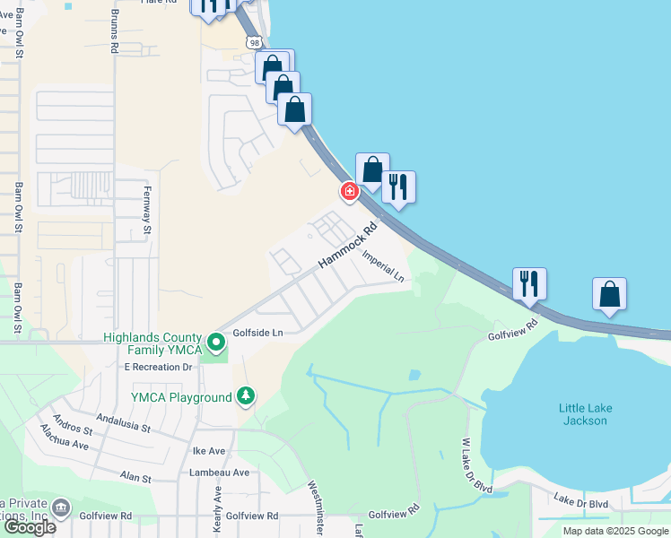 map of restaurants, bars, coffee shops, grocery stores, and more near 2622 Greenacre Drive in Sebring