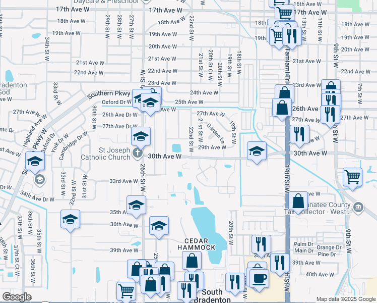 map of restaurants, bars, coffee shops, grocery stores, and more near 2920 22nd Street West in Bradenton