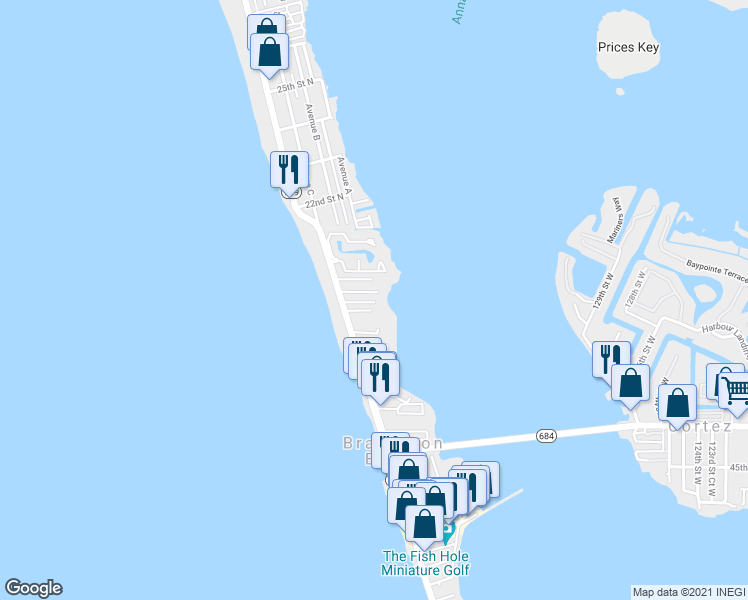 map of restaurants, bars, coffee shops, grocery stores, and more near 1501 Gulf Drive North in Bradenton Beach