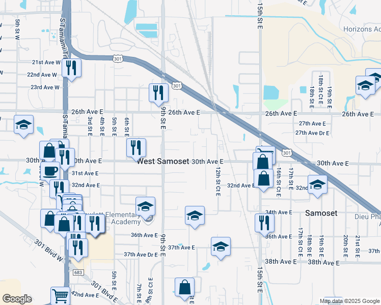 map of restaurants, bars, coffee shops, grocery stores, and more near 1033 30th Avenue East in Bradenton