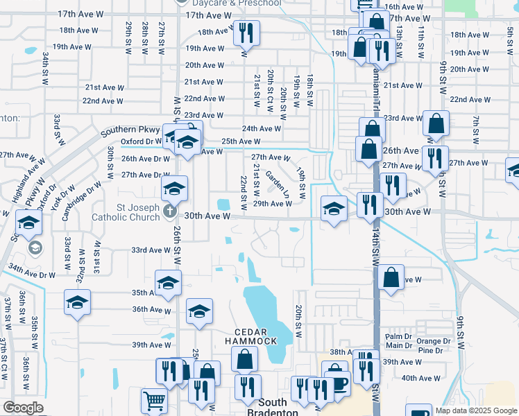 map of restaurants, bars, coffee shops, grocery stores, and more near 2039 29th Avenue West in Bradenton