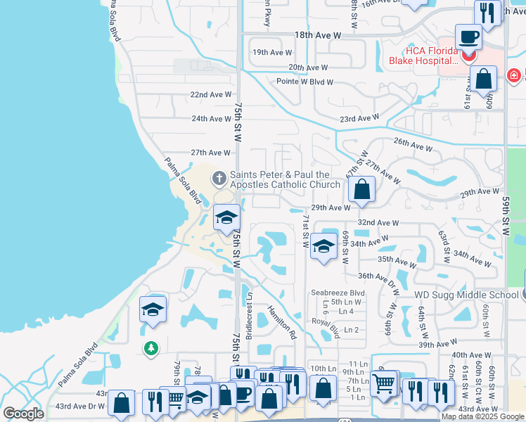 map of restaurants, bars, coffee shops, grocery stores, and more near 202 29th Avenue Drive West in Bradenton