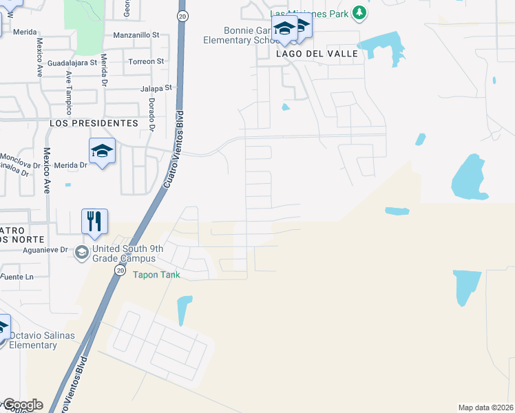 map of restaurants, bars, coffee shops, grocery stores, and more near Cuarto Vientos Boulevard in Laredo