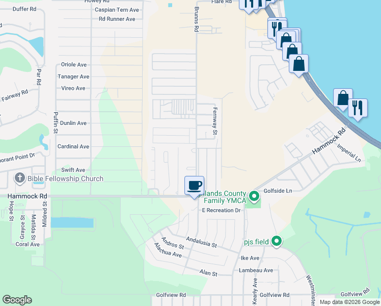 map of restaurants, bars, coffee shops, grocery stores, and more near 2748 Louis Street in Sebring
