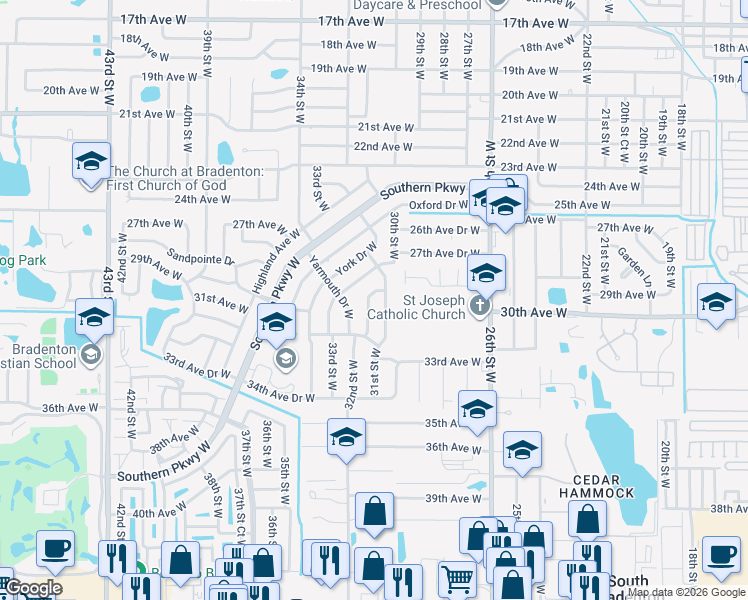 map of restaurants, bars, coffee shops, grocery stores, and more near 2907 Norwich Drive West in Bradenton