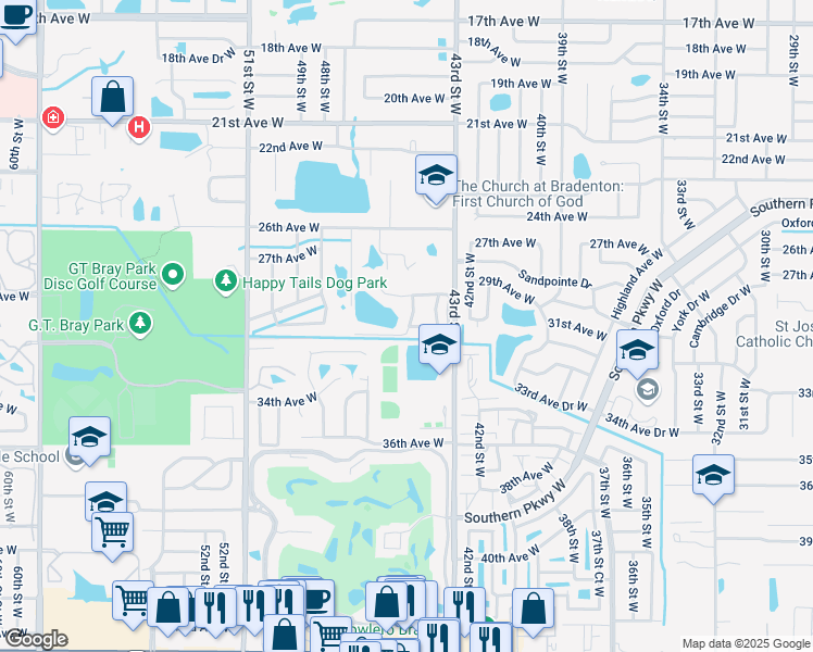 map of restaurants, bars, coffee shops, grocery stores, and more near 4515 Park Lake Terrace South in Bradenton