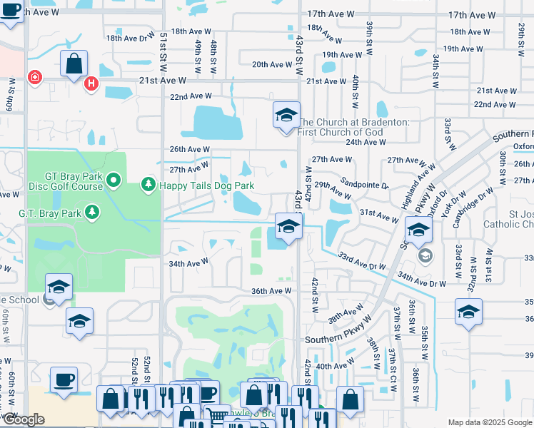 map of restaurants, bars, coffee shops, grocery stores, and more near 4515 Park Lake Terrace South in Bradenton