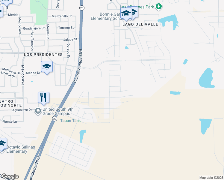 map of restaurants, bars, coffee shops, grocery stores, and more near Cuarto Vientos Boulevard in Laredo