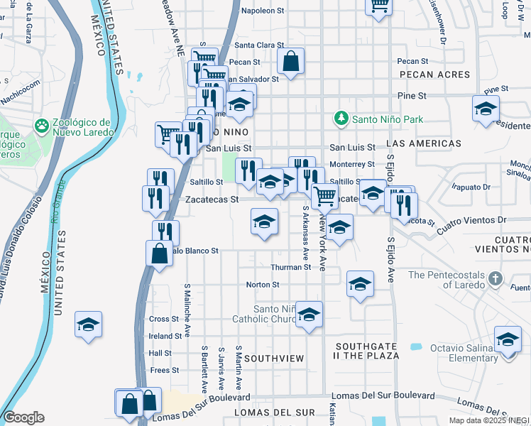 map of restaurants, bars, coffee shops, grocery stores, and more near 2600 Palo Blanco Street in Laredo