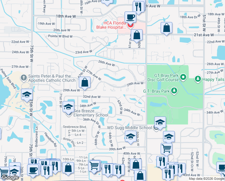 map of restaurants, bars, coffee shops, grocery stores, and more near 2921 64th Street West in Bradenton