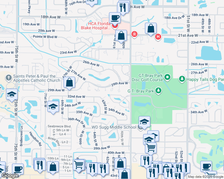map of restaurants, bars, coffee shops, grocery stores, and more near 2906 61st Street West in Bradenton