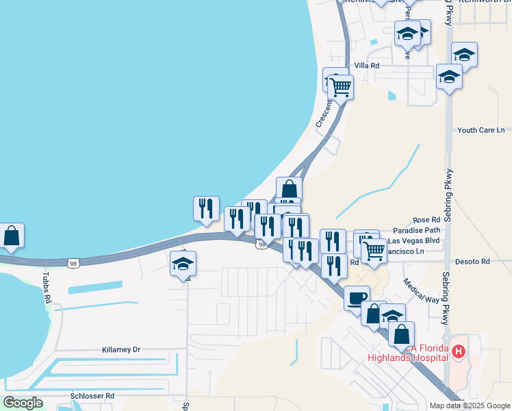 map of restaurants, bars, coffee shops, grocery stores, and more near 2089-2119 SE Lakeview Dr in Sebring
