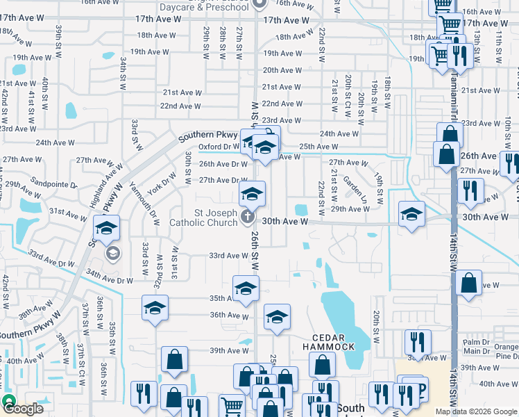 map of restaurants, bars, coffee shops, grocery stores, and more near 2916 25th Street West in Bradenton