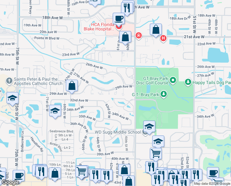map of restaurants, bars, coffee shops, grocery stores, and more near 2906 61st Street West in Bradenton