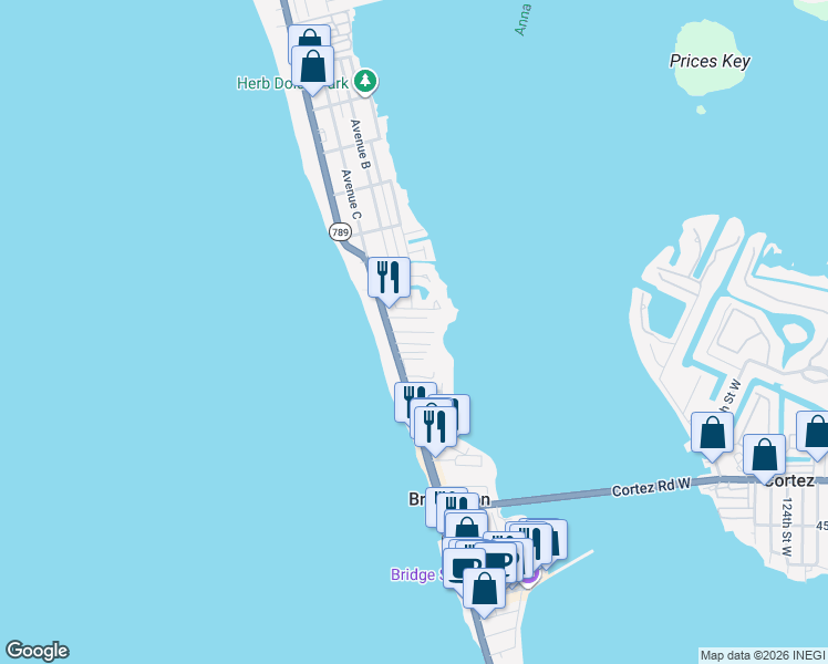 map of restaurants, bars, coffee shops, grocery stores, and more near 1501 Gulf Drive North in Bradenton Beach