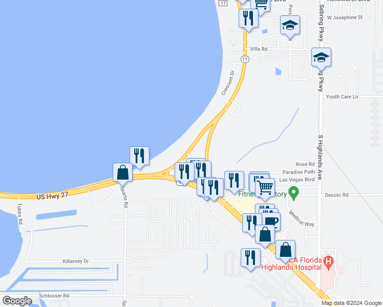 map of restaurants, bars, coffee shops, grocery stores, and more near 836 Lakeview Drive in Sebring