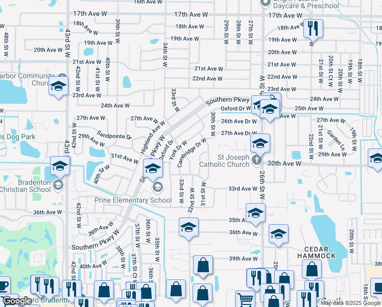 map of restaurants, bars, coffee shops, grocery stores, and more near 3403 Cambridge Drive West in Bradenton