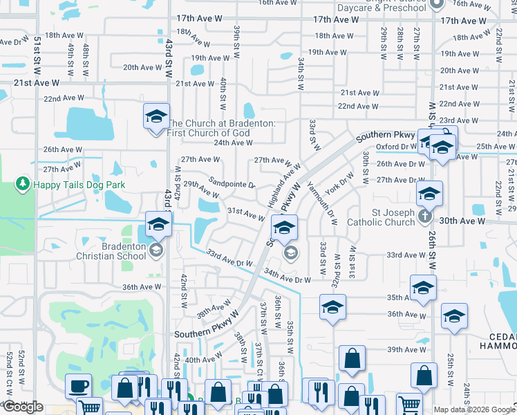 map of restaurants, bars, coffee shops, grocery stores, and more near 2917 Sandpointe Drive in Bradenton