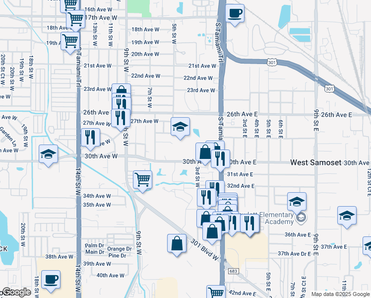 map of restaurants, bars, coffee shops, grocery stores, and more near 400 30th Avenue West in Bradenton