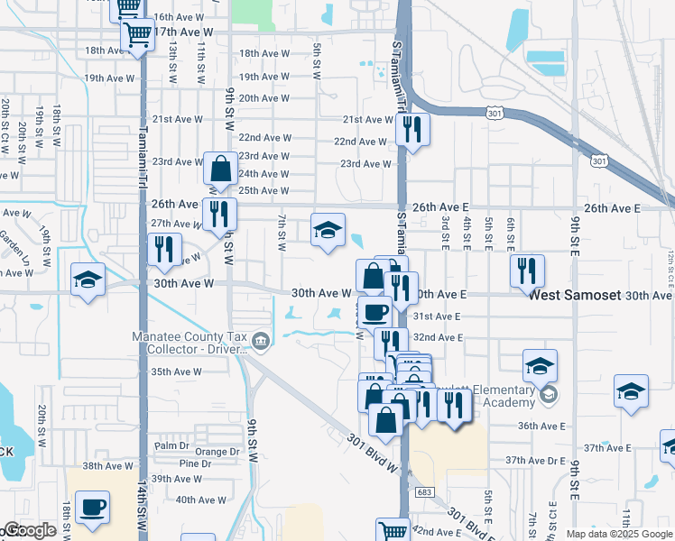 map of restaurants, bars, coffee shops, grocery stores, and more near 400 30th Avenue West in Bradenton