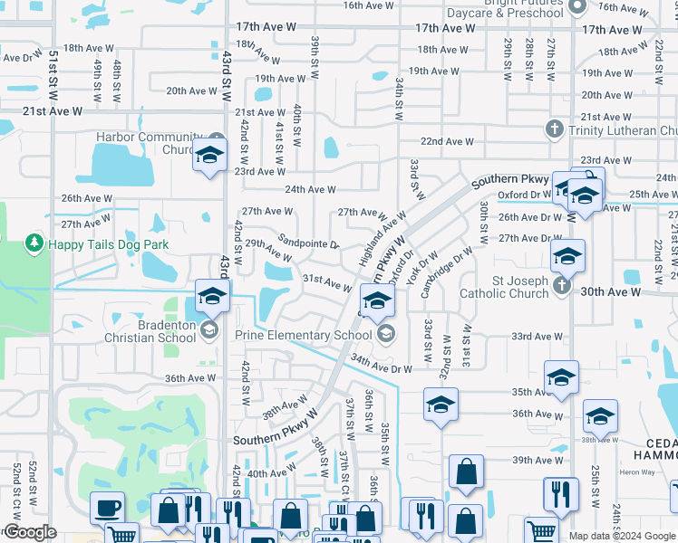 map of restaurants, bars, coffee shops, grocery stores, and more near 2913 Sandpointe Drive in Bradenton