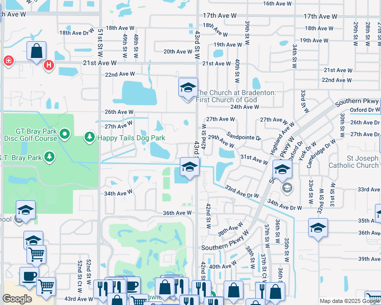 map of restaurants, bars, coffee shops, grocery stores, and more near 4414 Park Lake Terrace South in Bradenton