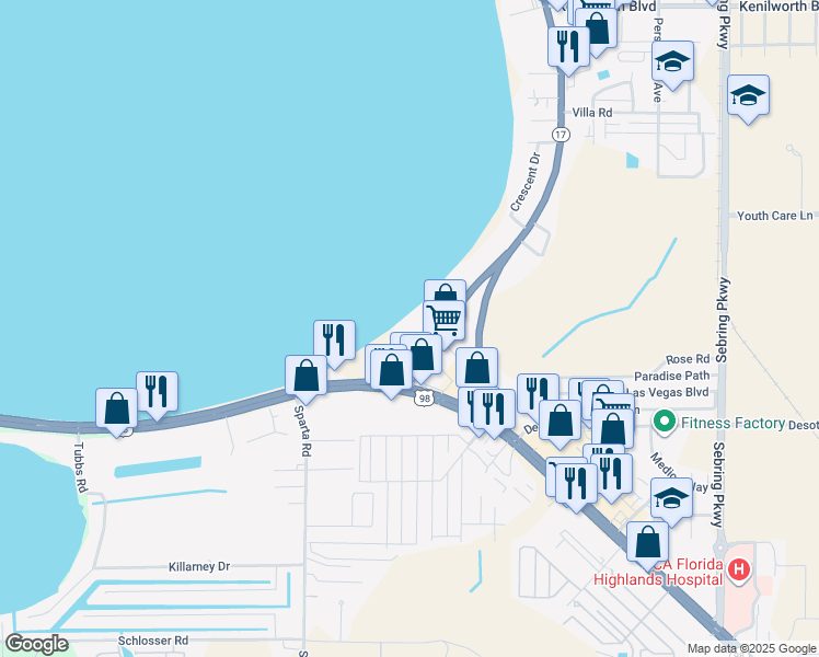 map of restaurants, bars, coffee shops, grocery stores, and more near 2089-2119 SE Lakeview Dr in Sebring