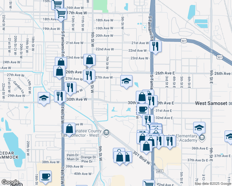 map of restaurants, bars, coffee shops, grocery stores, and more near 520 30th Avenue West in Bradenton