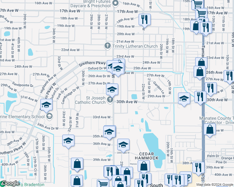 map of restaurants, bars, coffee shops, grocery stores, and more near 2916 25th Street West in Bradenton