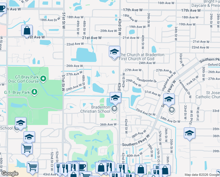 map of restaurants, bars, coffee shops, grocery stores, and more near 4414 Park Lake Terrace South in Bradenton