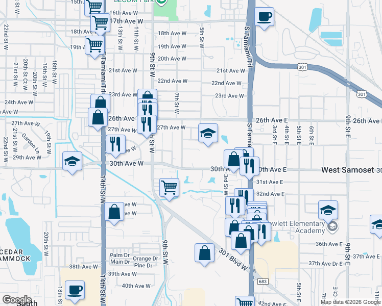 map of restaurants, bars, coffee shops, grocery stores, and more near 520 30th Avenue West in Bradenton