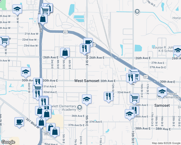 map of restaurants, bars, coffee shops, grocery stores, and more near 912 29th Avenue East in Bradenton
