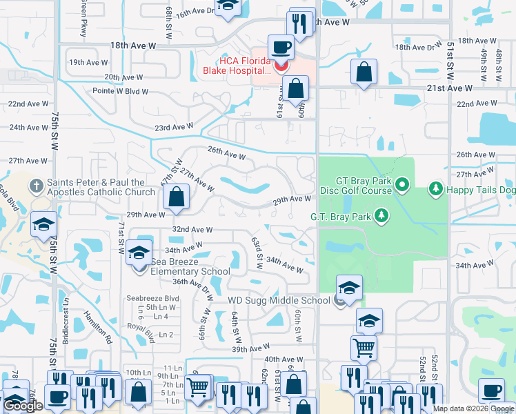 map of restaurants, bars, coffee shops, grocery stores, and more near 6424 29th Avenue West in Bradenton