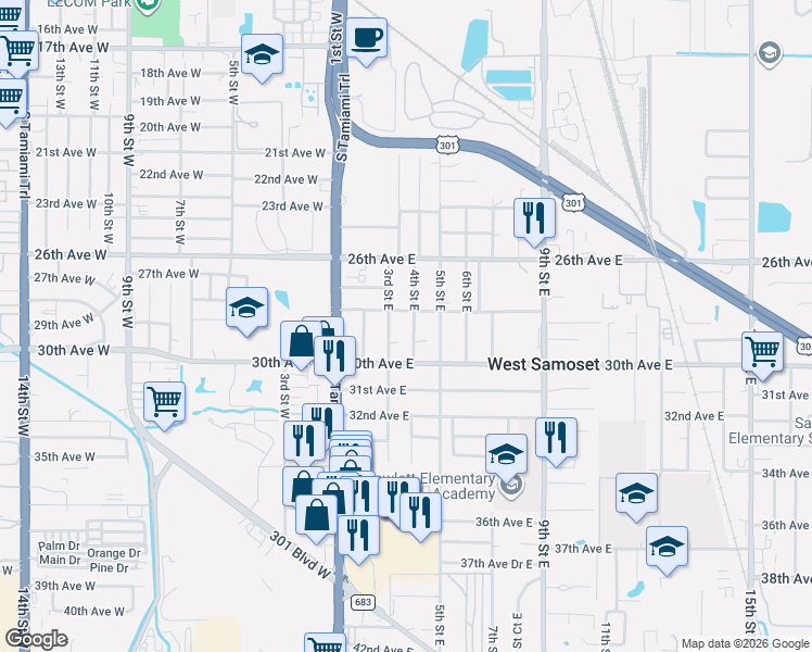 map of restaurants, bars, coffee shops, grocery stores, and more near 2905 4th Street East in Bradenton