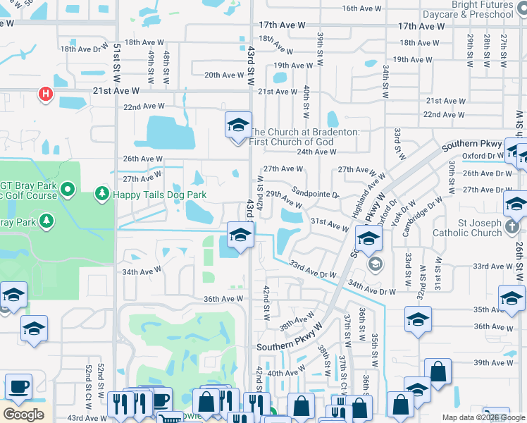 map of restaurants, bars, coffee shops, grocery stores, and more near 3005 42nd Street West in Bradenton