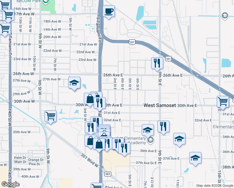 map of restaurants, bars, coffee shops, grocery stores, and more near 2803 3rd Street East in Bradenton