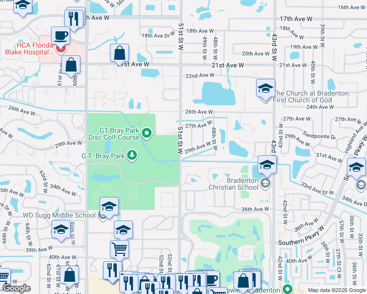map of restaurants, bars, coffee shops, grocery stores, and more near 2803 51st Street West in Bradenton