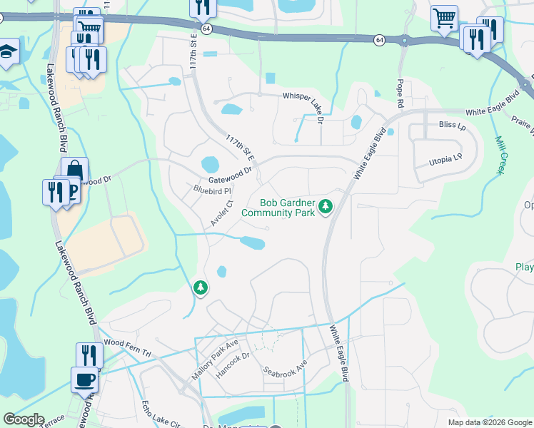 map of restaurants, bars, coffee shops, grocery stores, and more near 12219 Terracotta Drive in Bradenton