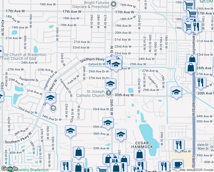 map of restaurants, bars, coffee shops, grocery stores, and more near 2615 27th Avenue Drive West in Bradenton