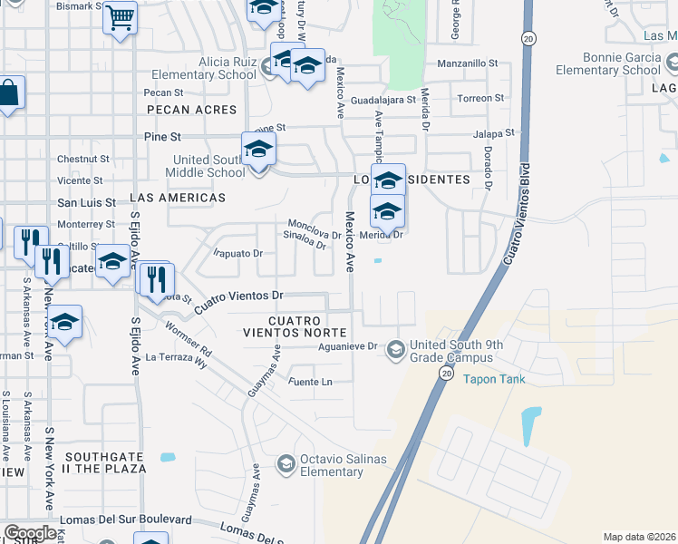 map of restaurants, bars, coffee shops, grocery stores, and more near 2124 Poza Rica Drive in Laredo