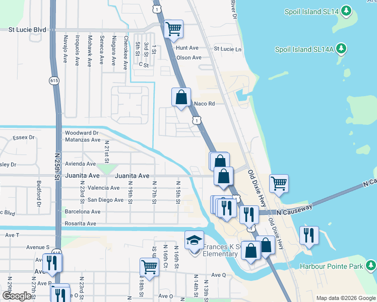 map of restaurants, bars, coffee shops, grocery stores, and more near 746 Silverstream Circle in Fort Pierce
