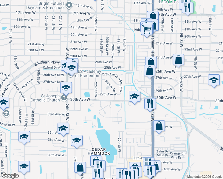 map of restaurants, bars, coffee shops, grocery stores, and more near 1927 28th Avenue Drive West in Bradenton
