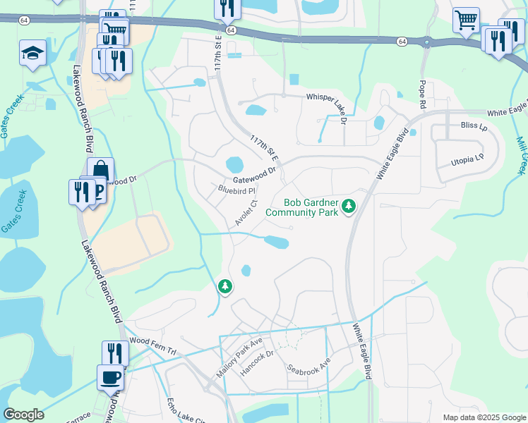 map of restaurants, bars, coffee shops, grocery stores, and more near 11704 Bluebird Place in Bradenton