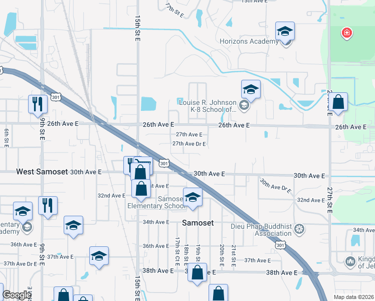 map of restaurants, bars, coffee shops, grocery stores, and more near 1735 28th Avenue East in Bradenton