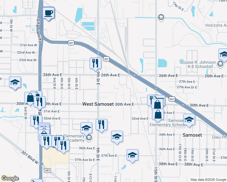 map of restaurants, bars, coffee shops, grocery stores, and more near 1027 28th Avenue Drive East in Bradenton