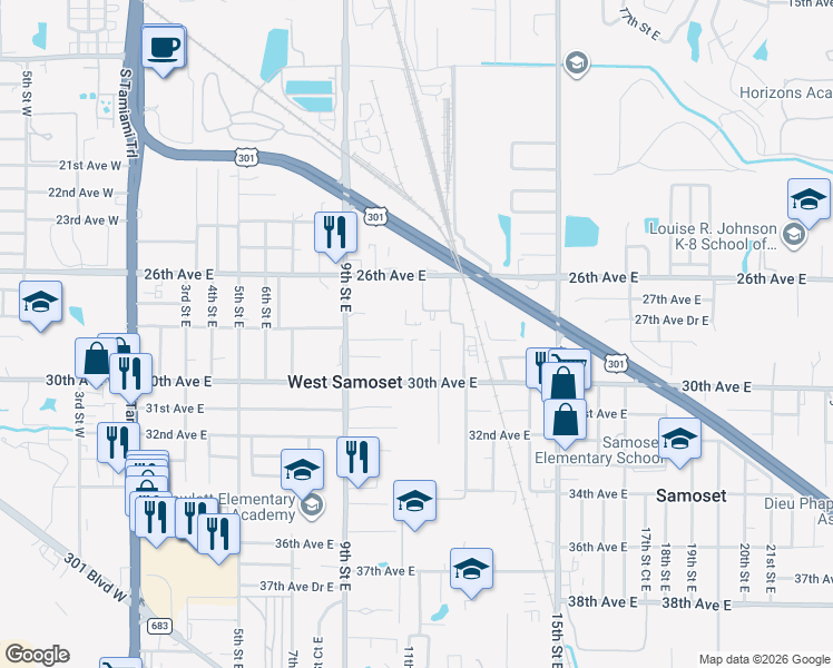 map of restaurants, bars, coffee shops, grocery stores, and more near 1027 28th Avenue Drive East in Bradenton